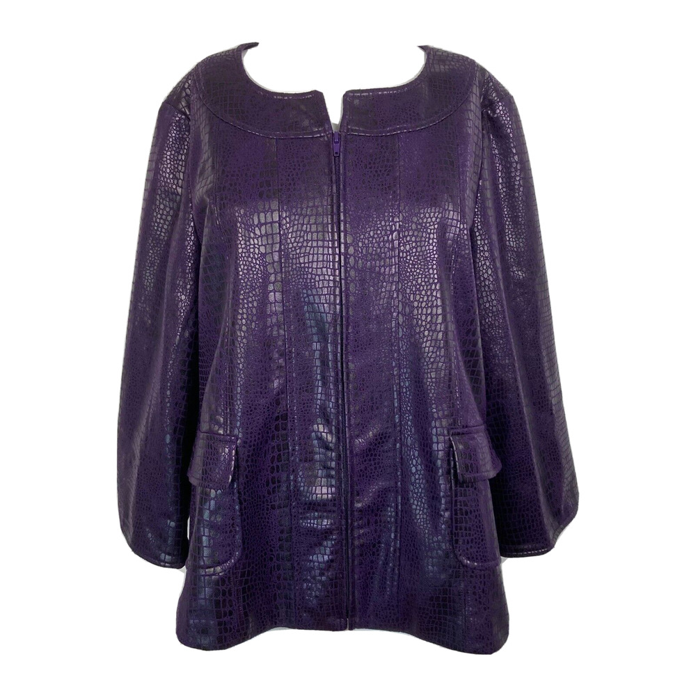 Susan Graver Blazer Jacket Womens M Purple Snake Print Full Zip 3/4 Bell Sleeve